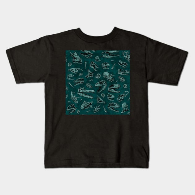 Dinosaur skull sketch tiled pattern green Kids T-Shirt by CassWArt